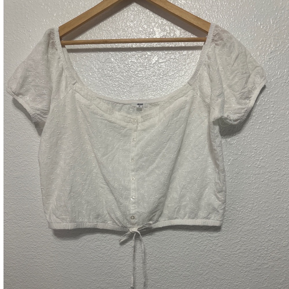 ARDENE White Eyelet Lace Cropped Button Up Tie Front Top Womens XL